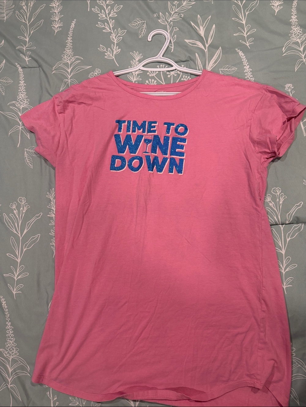 George Pink Tee with Blue "Time to Wine Down" Graphic